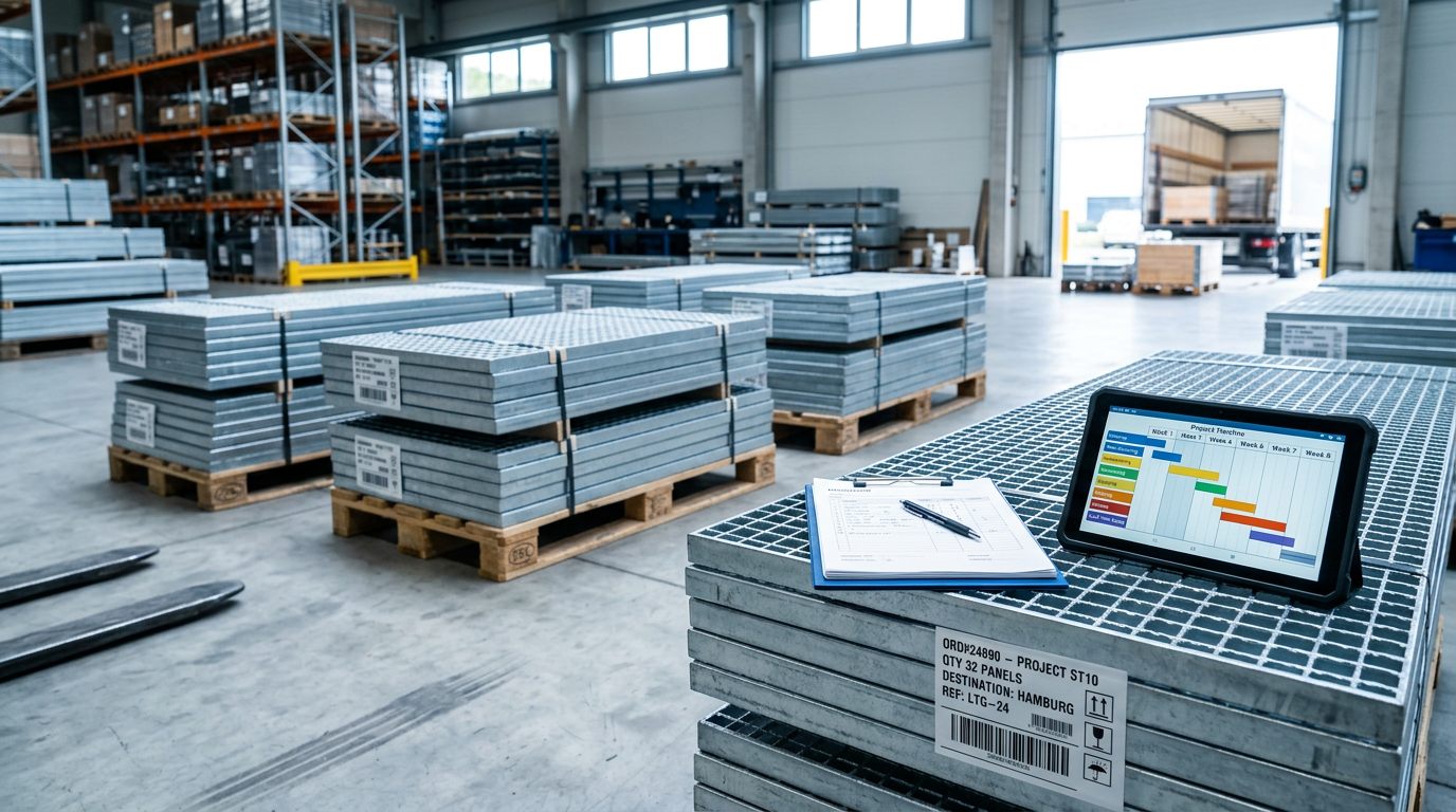 Steel grating panels prepared for project shipment