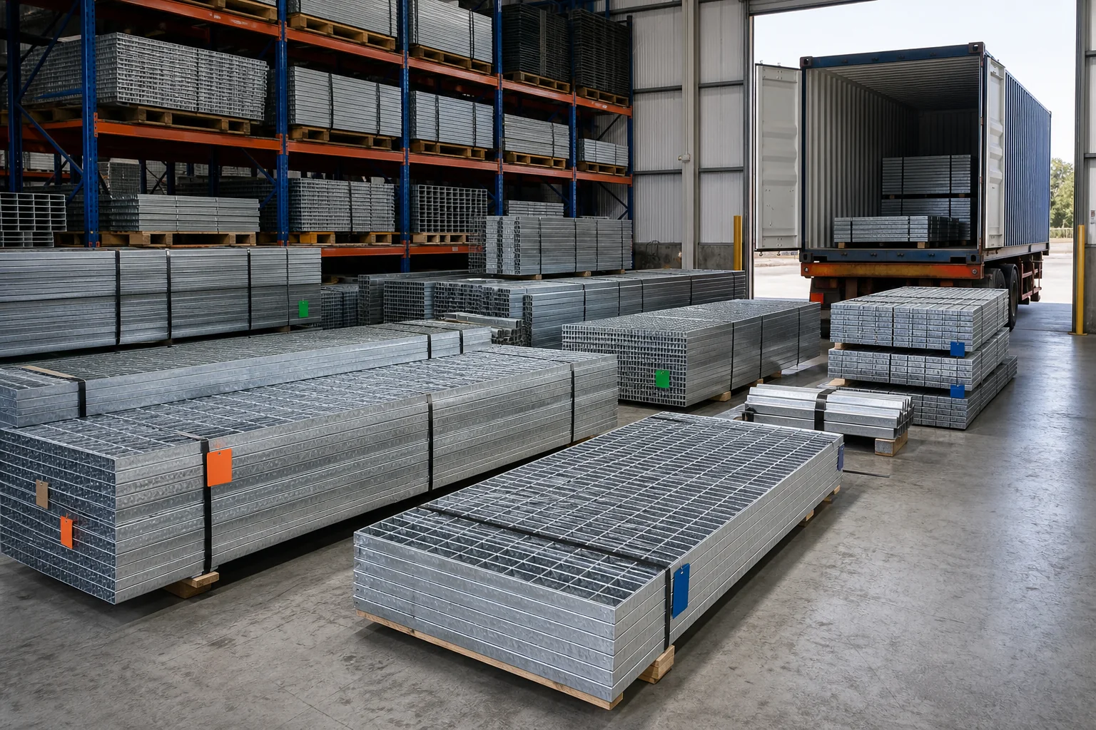 Different galvanized steel grating bundles organized for a mixed-container shipment