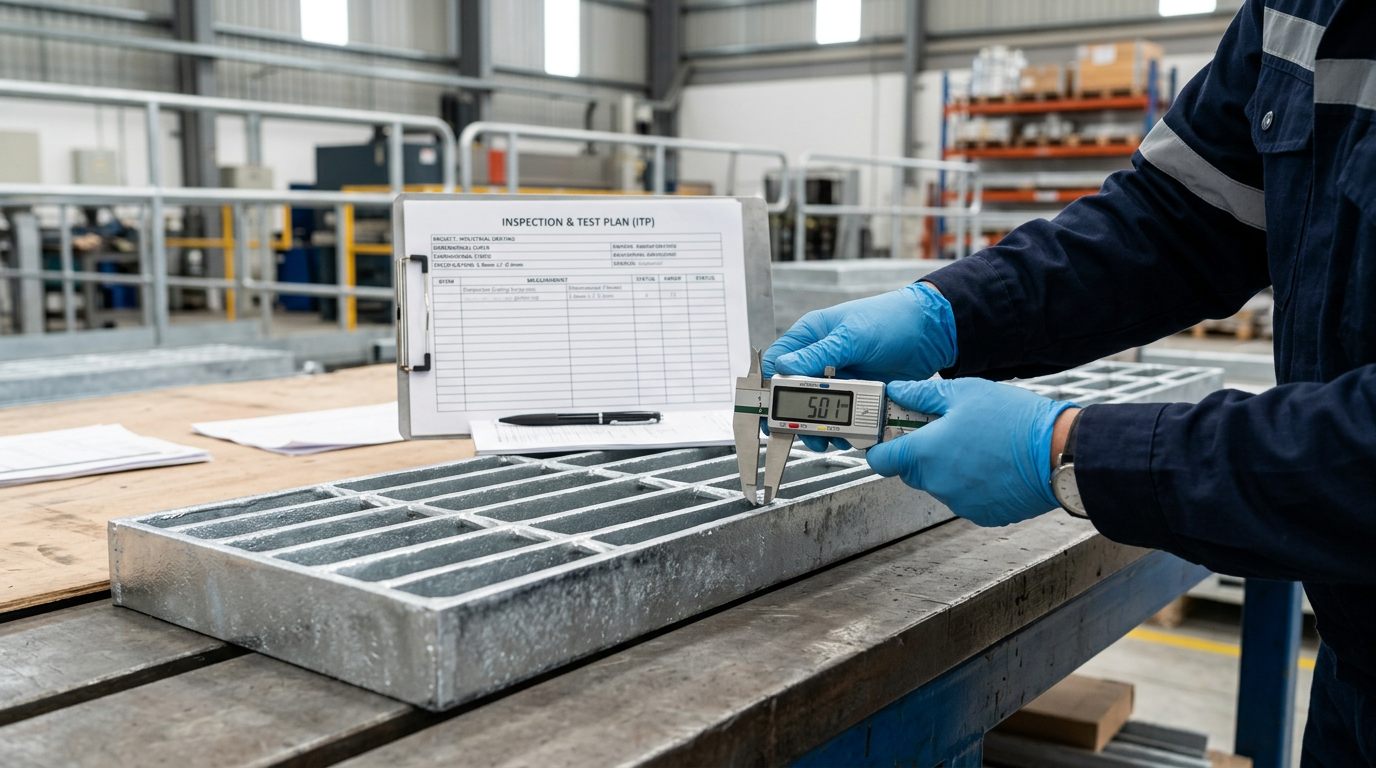 Quality control inspection during steel grating production