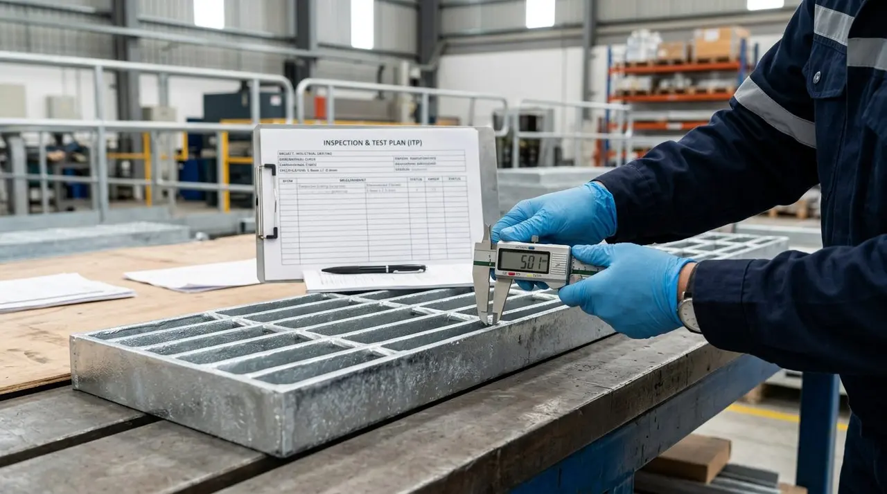 Dimensional inspection of fabricated steel grating before shipment