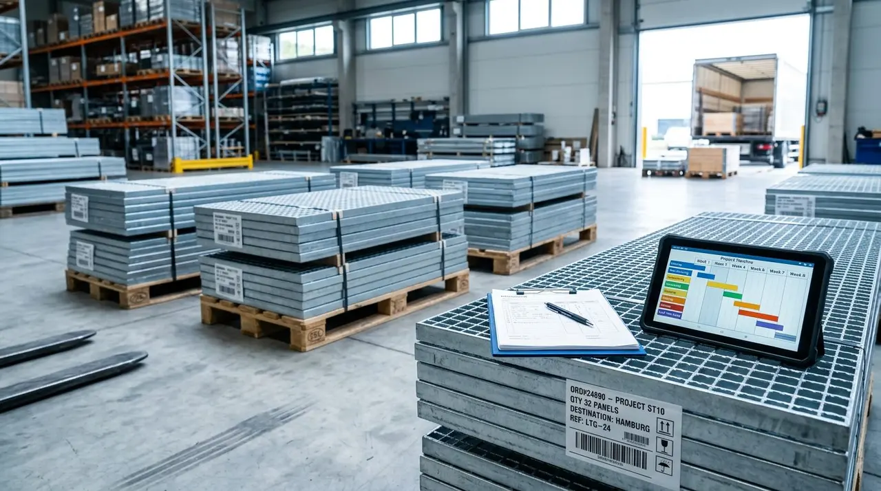 Steel grating panels prepared for project shipment