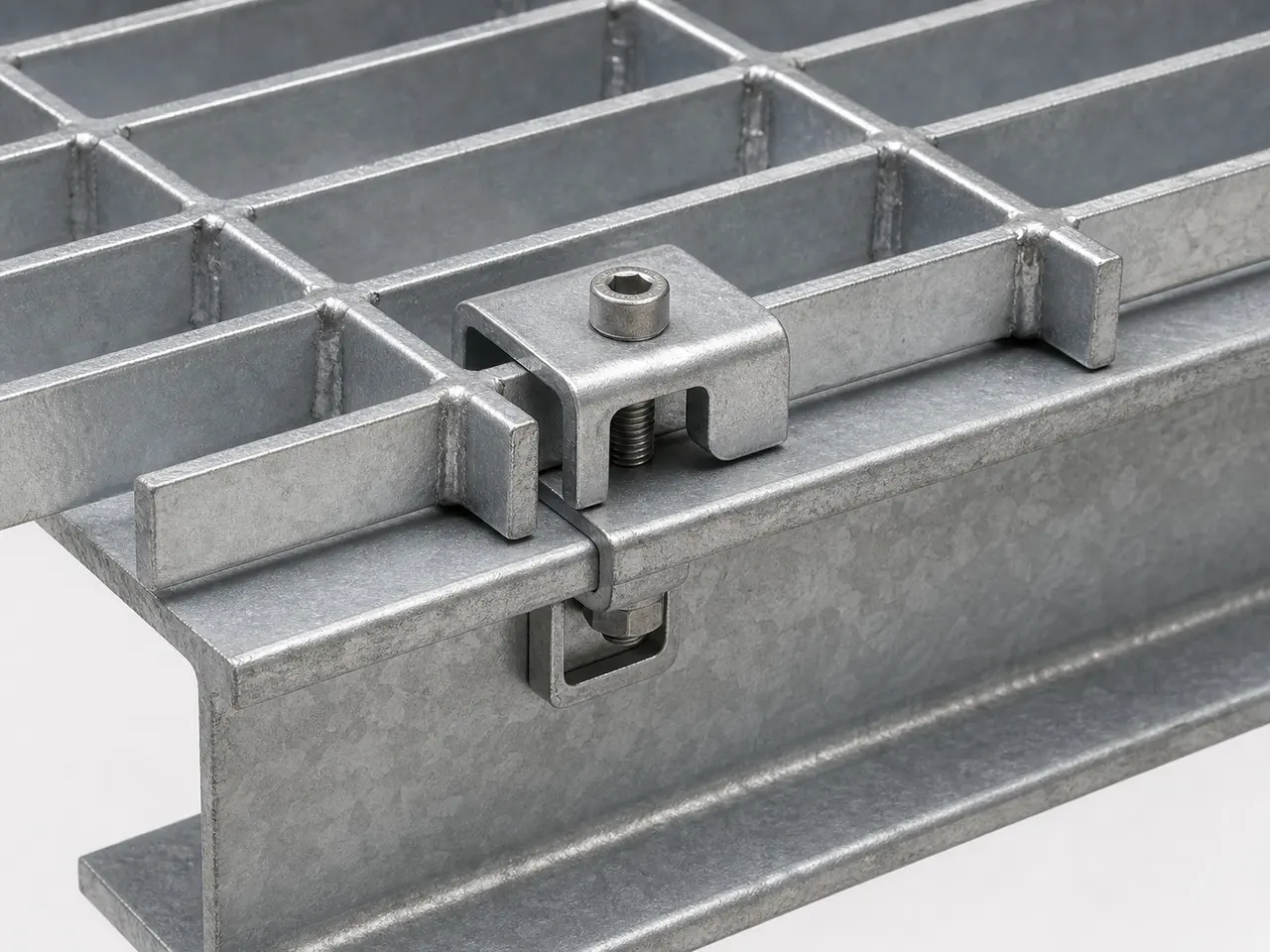 Hold-down clip installed on steel grating over a support flange