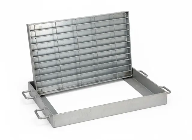 Galvanized drainage trench grating seated in a support frame