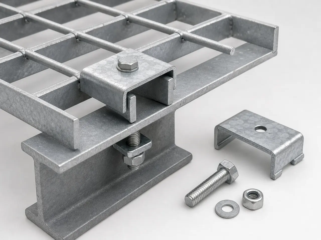 M-type saddle clip used to secure grating panels to supporting steel.