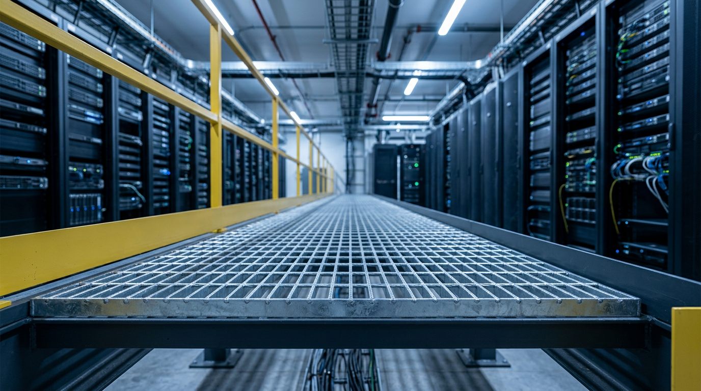 Data center service corridor with steel grating